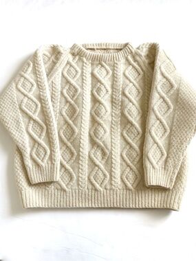 Vintage Hand Knit Wool Fisherman Sweater Womens XL Cream Aran Chunky Heavy Boxy